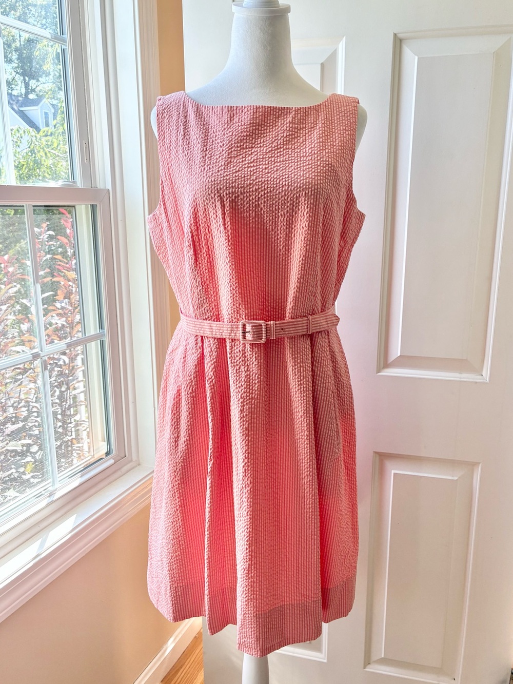 LL Bean Signature Belted Seersucker Dress Sleeveless Textured Coral Size 14